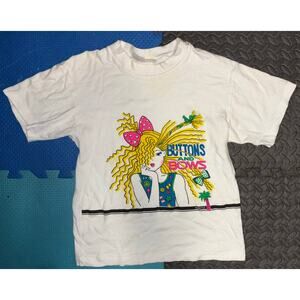 Vintage 80s palmettos cartoon girl buttons and bows t shirt women’s medium 10-12